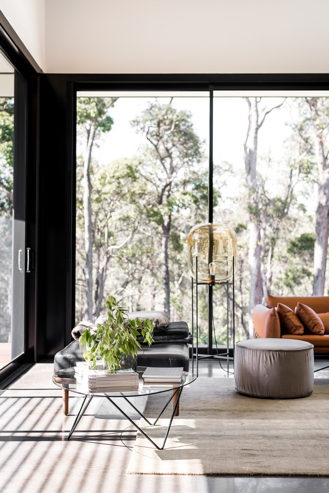 Contemporary living room in Perth with white walls, concrete floors and black floor.