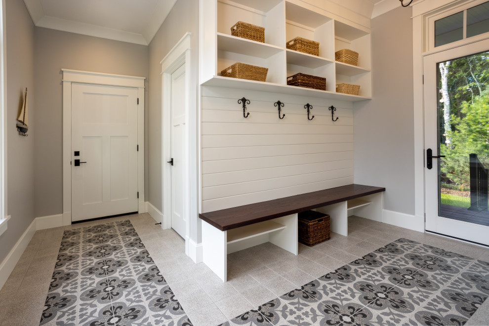 Design ideas for a large classic boot room in Other with grey walls, ceramic flooring and multi-coloured floors.