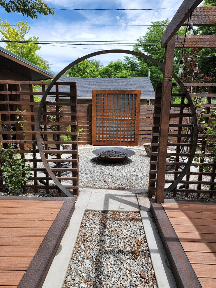 Immagine di un piccolo giardino xeriscape minimal esposto in pieno sole in cortile con un focolare, recinzione in legno e pedane