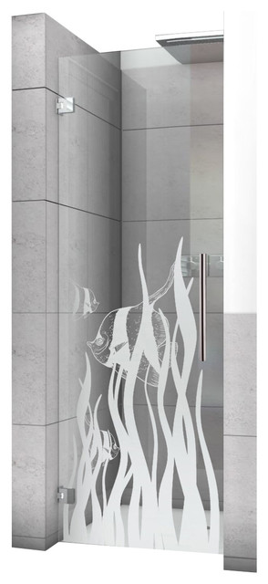 Hinged Alcove Shower Door With Fish Design, Non-Private, 32"x75" Inches, Left