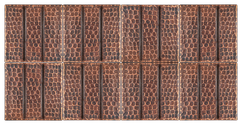 Hammered Copper Tile with Linear Design, 4"x4", Set of 8