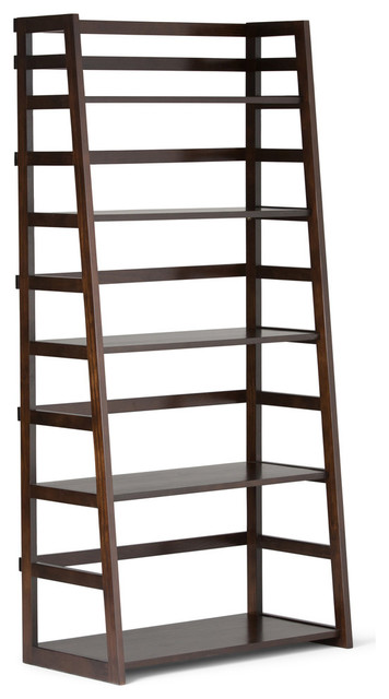 Acadian Solid Wood 63"x30" Rustic Ladder Shelf Bookcase, Tobacco Brown