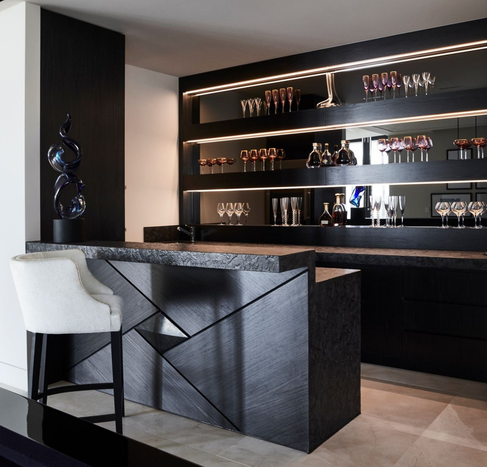 Inspiration for a medium sized contemporary galley wet bar in Melbourne with a submerged sink, recessed-panel cabinets, black cabinets, granite worktops, black splashback, mirror splashback, marble flooring, white floors and grey worktops.
