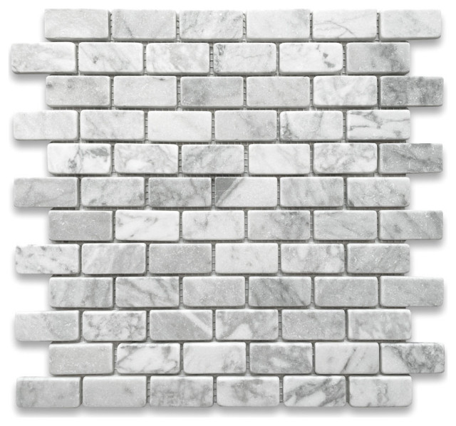 Non Slip Shower Tile Carrara White Marble 1x2 Subway Brick Tumbled, 1