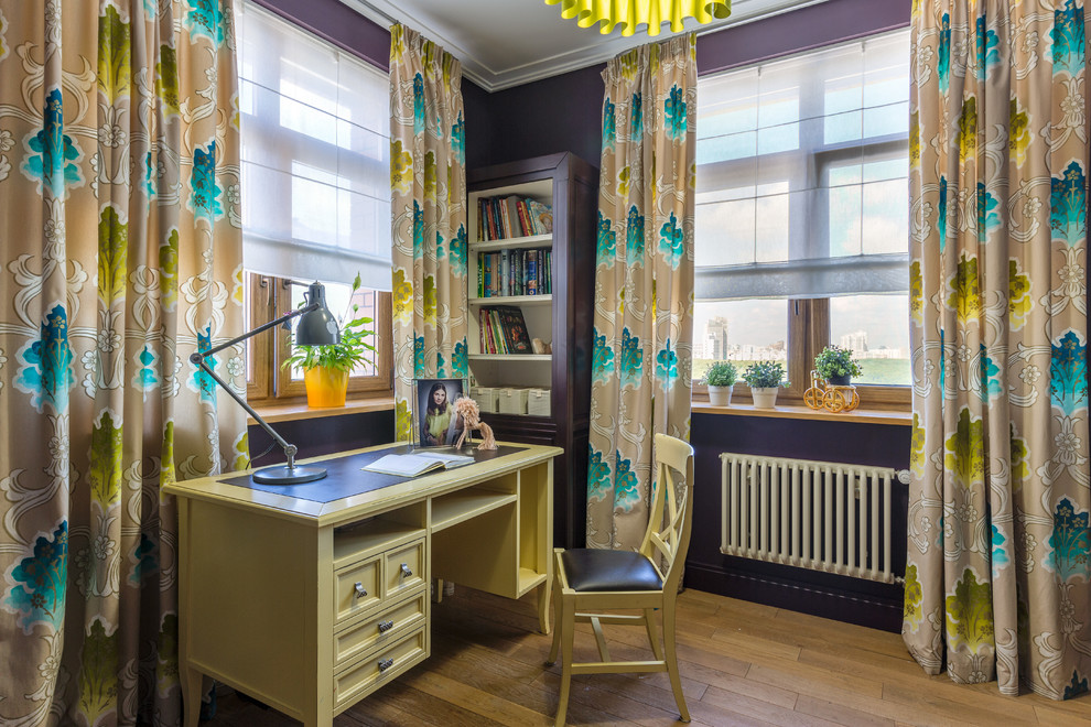 This is an example of a transitional kids' room for girls in Moscow with purple walls and medium hardwood floors.