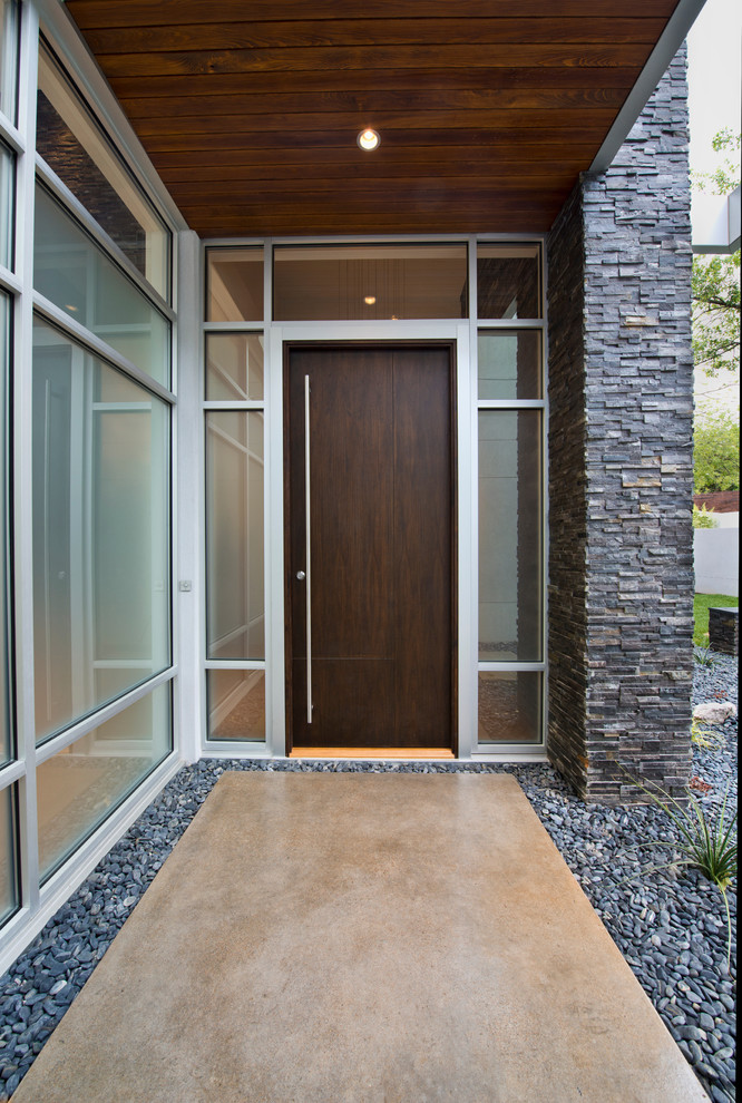 Modern entryway in Other with a single front door and a dark wood front door.
