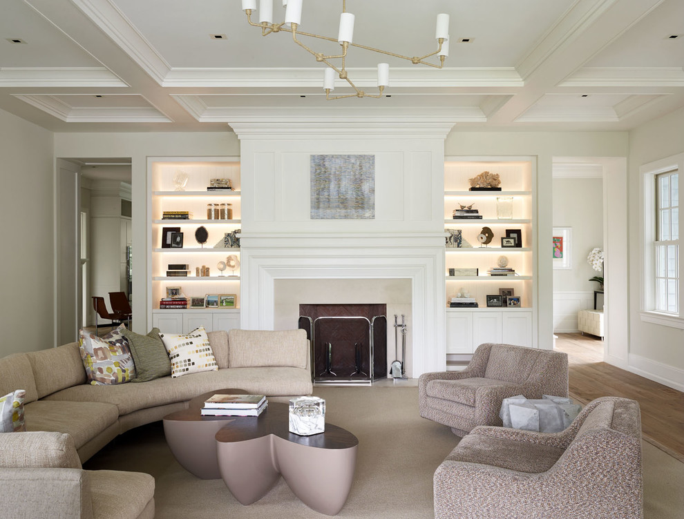 Living room - transitional living room idea in Miami with white walls and a standard fireplace