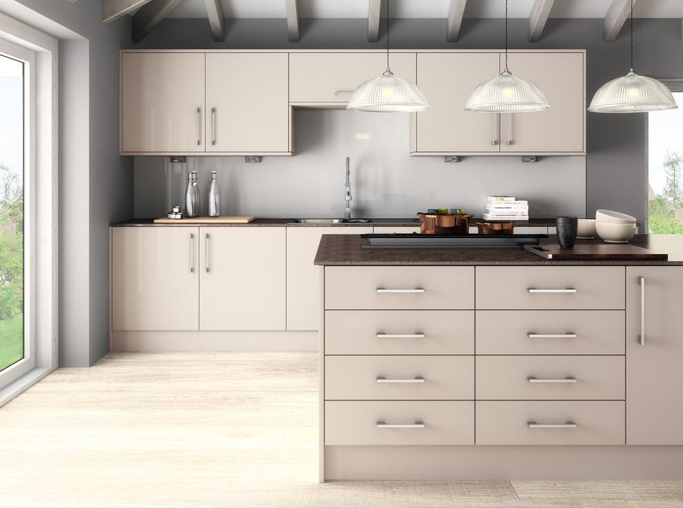 Design ideas for a mid-sized contemporary single-wall separate kitchen in West Midlands with flat-panel cabinets, grey cabinets, white splashback, panelled appliances and with island.