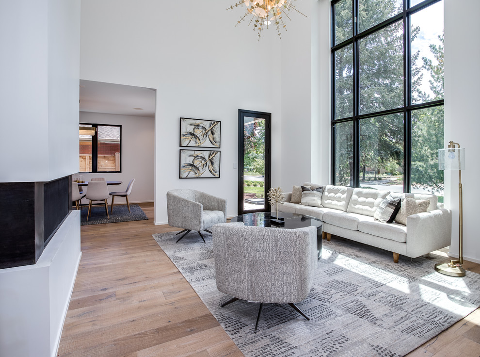 Photo of a large country open concept family room in Denver with white walls, a ribbon fireplace and no tv.