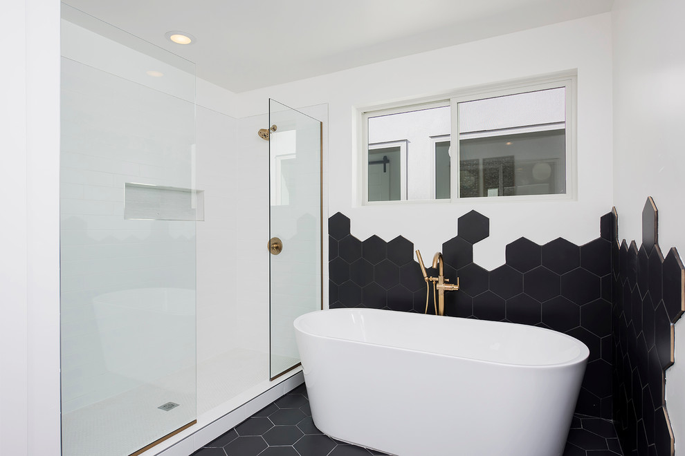 Contemporary master bathroom in Denver with a freestanding tub, an open shower, white tile, subway tile, white walls, mosaic tile floors and an open shower.