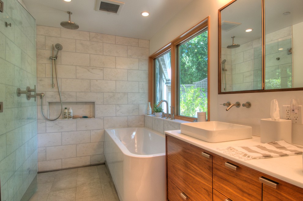 Design ideas for a midcentury bathroom in San Francisco with a vessel sink, flat-panel cabinets, medium wood cabinets, an open shower, white tile and an open shower.