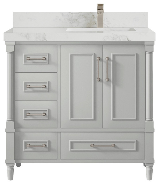 Aberdeen 36 Right Offset Bath Vanity Coventry Gray 2" Calacatta Nuvo Transitional Bathroom