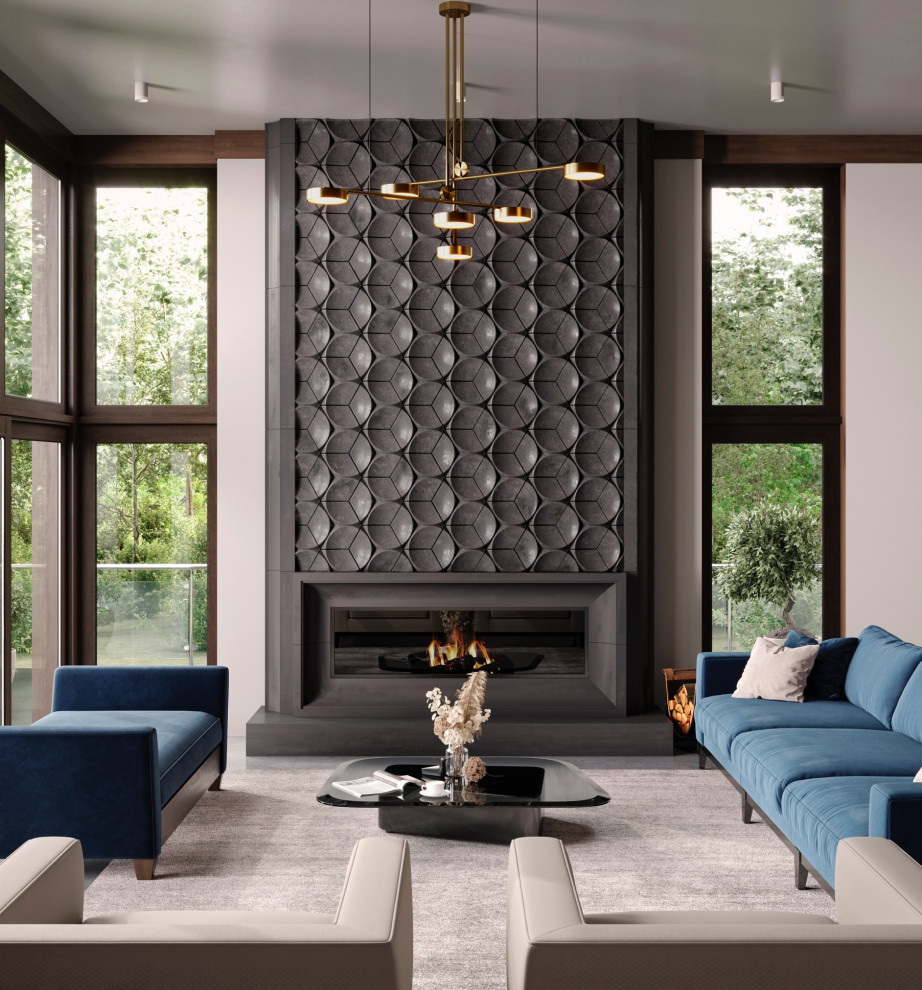 Large modern living room in New York with a standard fireplace and a concrete fireplace surround.