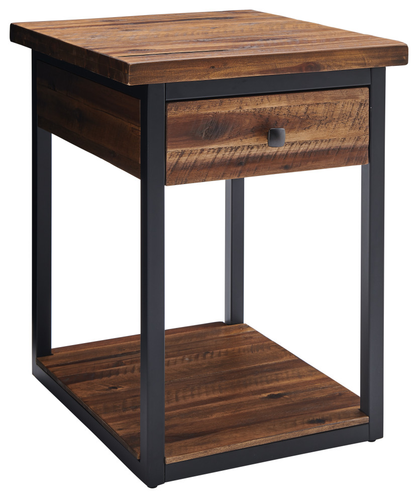 Claremont Rustic Wood End Table With Drawer and Low Shelf Industrial