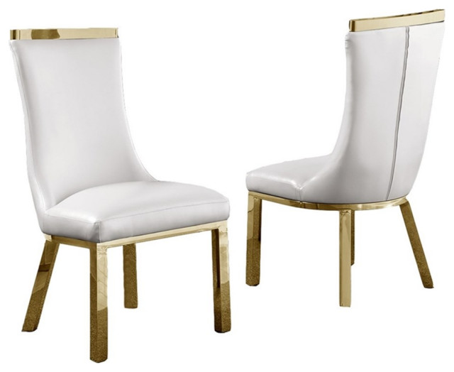 Faux Leather Upholstered Dining Chairs in White with Gold Stainless Steel Contemporary