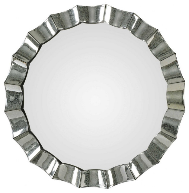 Modern Round Wall Mirror in Antique Mirror Finish Scalloped Design Beveled