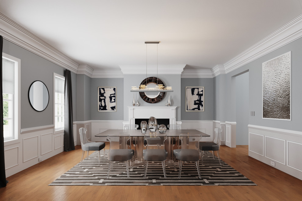 На фото: кухня-столовая среднего размера в стиле неоклассика (современная классика) с серыми стенами, светлым паркетным полом, стандартным камином, фасадом камина из дерева и панелями на стенах