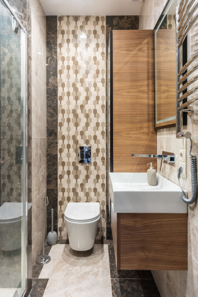 This is an example of a small contemporary shower room bathroom in Other with flat-panel cabinets, dark wood cabinets, a wall mounted toilet, beige tiles, beige walls, ceramic flooring, a built-in sink, beige floors, a single sink and a floating vanity unit.