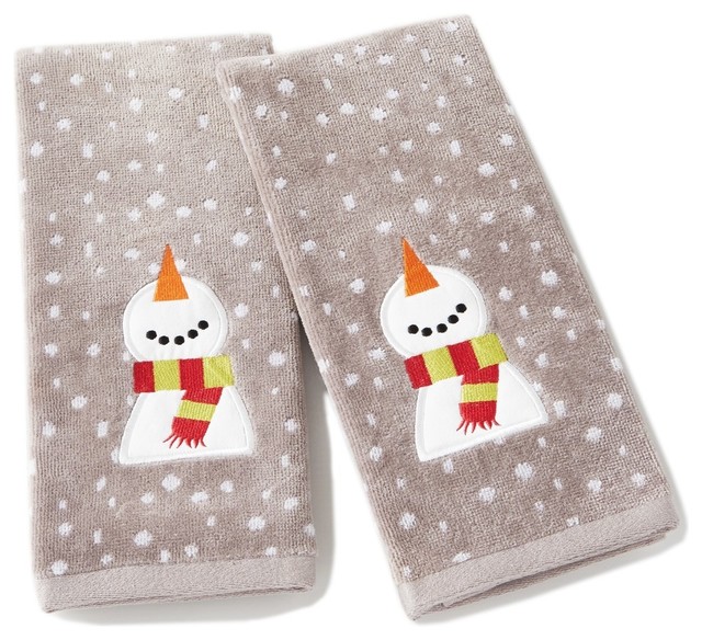 Happy Snowman Hand Towel, Set of 2 Contemporary Bath Towels by