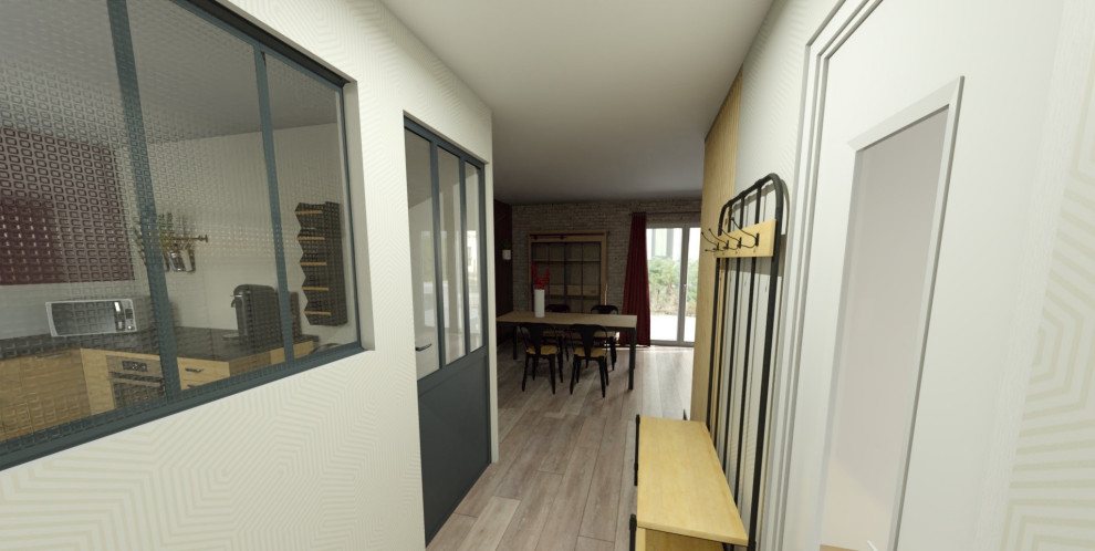 Ejemplo de recibidores y pasillos industriales de tamaño medio con paredes blancas, suelo de madera clara y suelo marrón