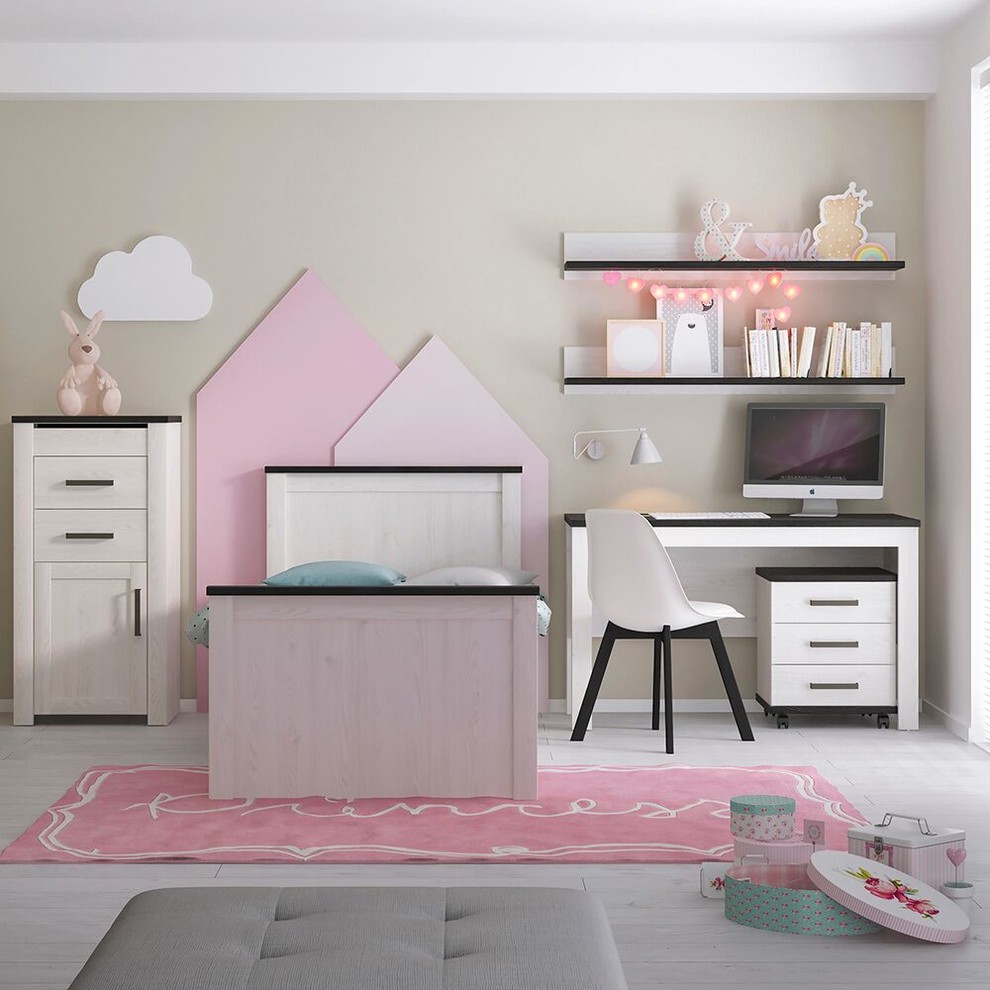 Design ideas for a contemporary kids' room for girls in Other with green walls and laminate floors.