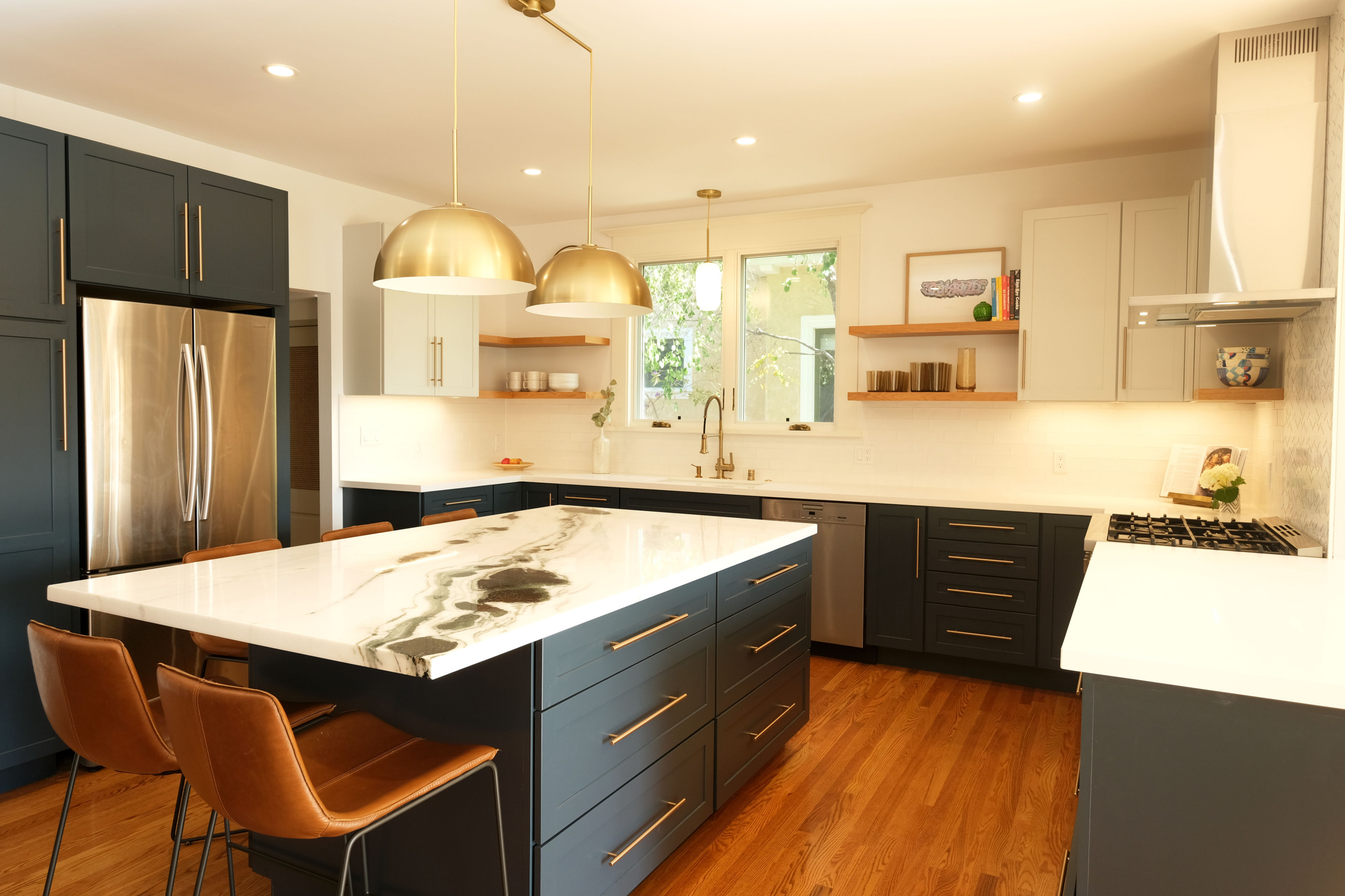 Contemporary Navy Kitchen with Brass Accents