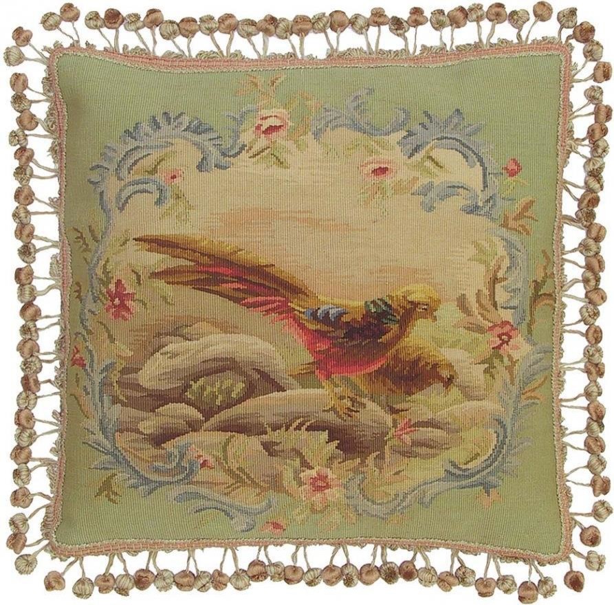 Aubusson Throw Pillow 20"x20" Two Pheasants Handwoven Fabric