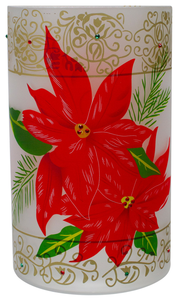 10" HandPainted Red/Gold Poinsettias Flameless Glass Christmas Candle