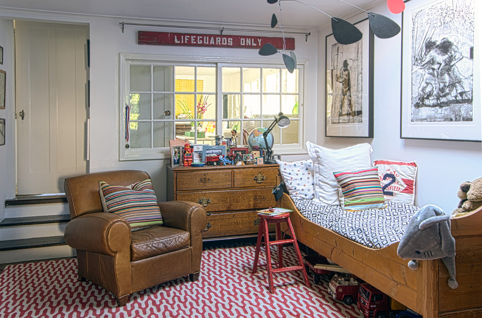 This is an example of a traditional kids' room for boys in San Francisco with white walls.