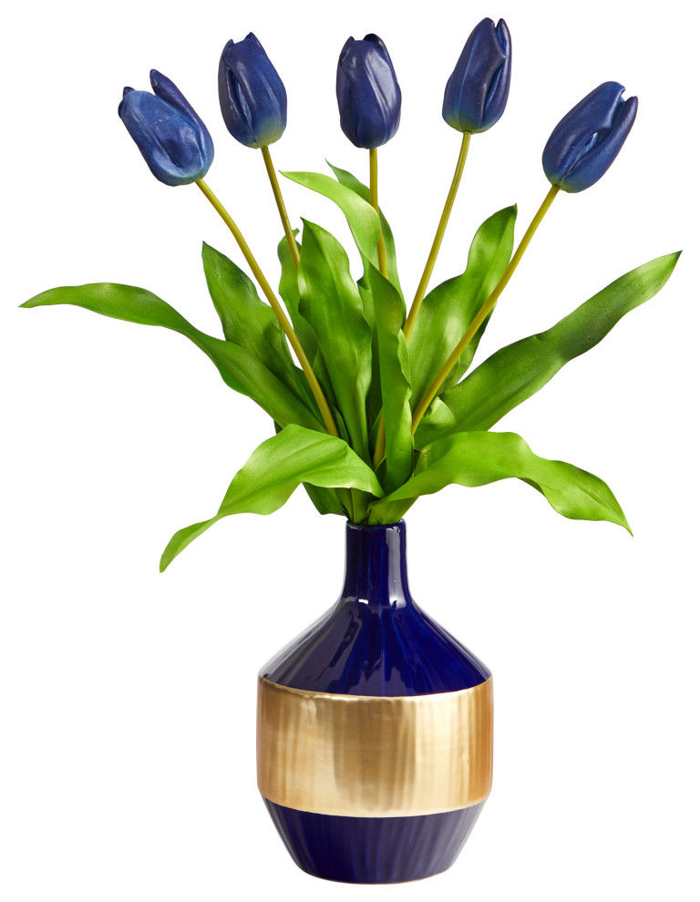 22" Dutch Tulip Artificial Arrangement, Blue and Gold Designer Vase