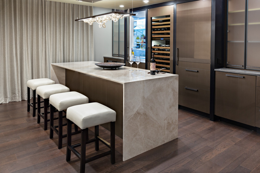 Inspiration for a large contemporary single-wall seated home bar in Other with no sink, flat-panel cabinets, dark wood cabinets, dark hardwood floors, brown floor, multi-coloured benchtop and marble benchtops.