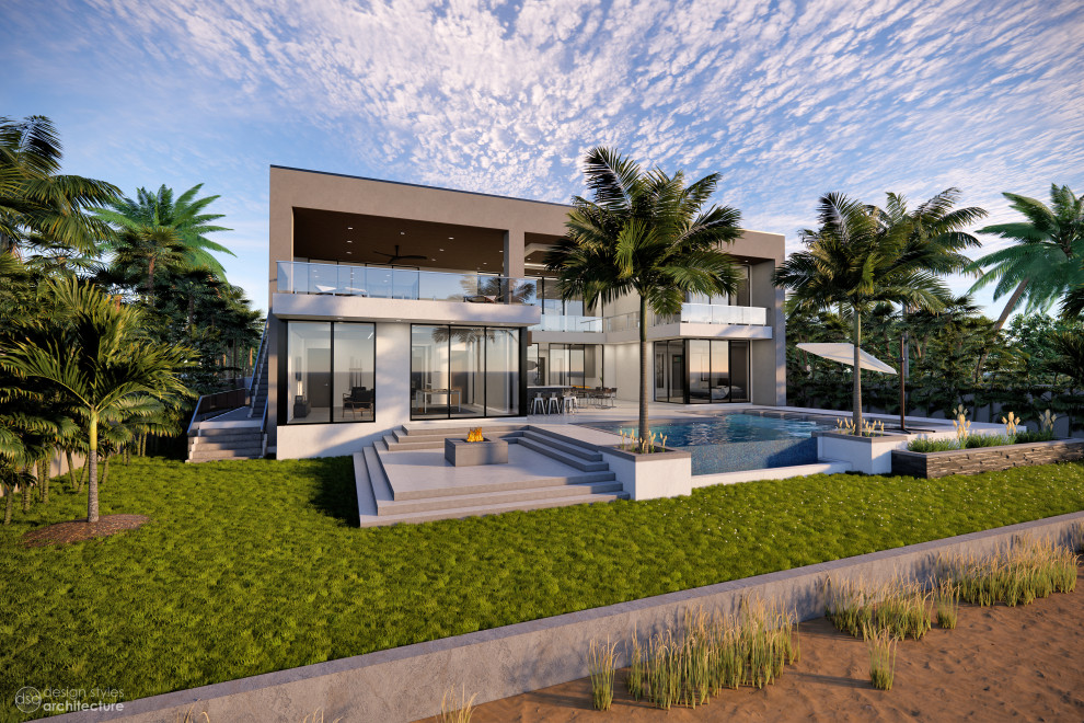 Inspiration for a large contemporary white two-story exterior home remodel in Tampa