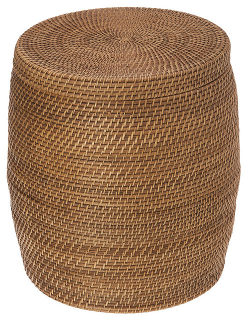 Round Rattan Storage Stool, Honey-Brown - Tropical - Accent And Garden