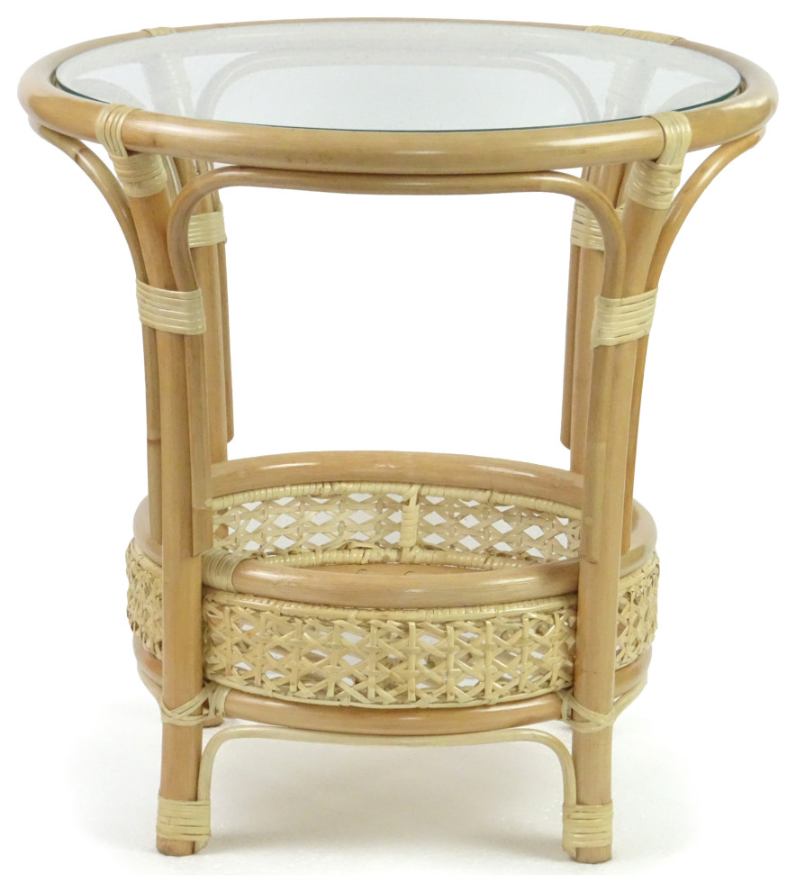 Pelangi Round Rattan Wicker Coffee Table With Glass, Natural