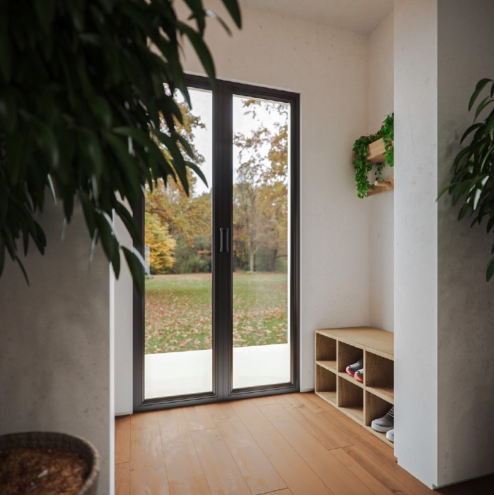 Mittelgroßer Moderner Yogaraum mit brauner Wandfarbe, Vinylboden und braunem Boden in Surrey