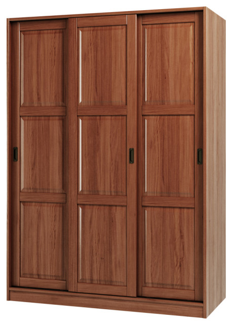 100% Solid Wood 3-Sliding Door Wardrobe/Armoire/Closet, Mocha-Raised Panel