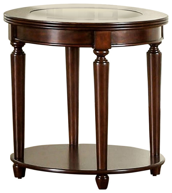 Wooden End Table With Glass Top, Dark Cherry Traditional Side