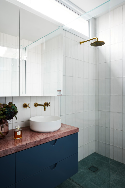 Vibrant Energy Oasis: Blue Flat-Panel Cabinets in Contemporary Small Bathrooms
