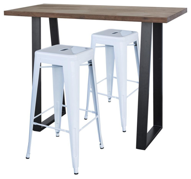 Acacia Wood Top Bar Height Pub Set With White Bar Stools, 3 Piece Set