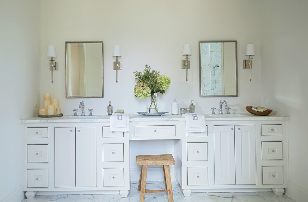 Inspiration for a transitional master bathroom in Birmingham with shaker cabinets, white cabinets, white walls and an undermount sink.