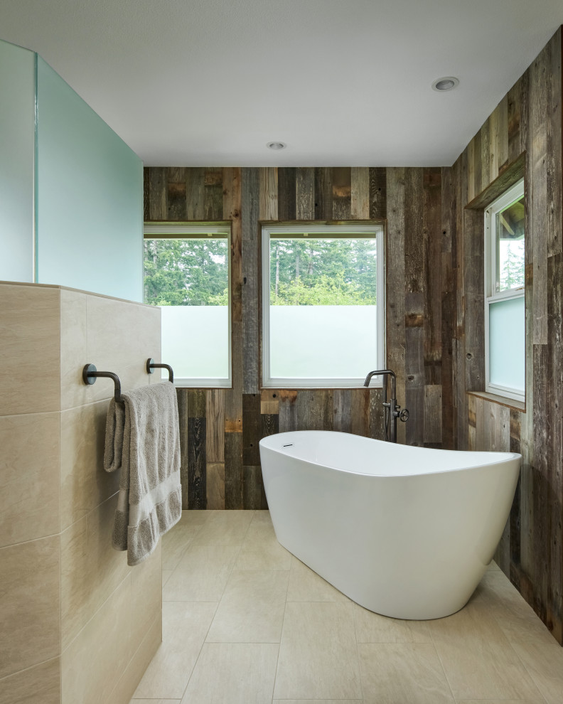 Inspiration for a mid-sized country master bathroom in Portland with flat-panel cabinets, light wood cabinets, a freestanding tub, a curbless shower, multi-coloured walls, porcelain floors, an undermount sink, engineered quartz benchtops, beige floor, an open shower, white benchtops, an enclosed toilet, a single vanity, a floating vanity and wood walls.