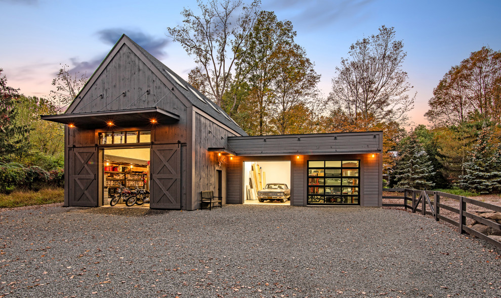 Inspiration for a large country detached three-car workshop in New York.