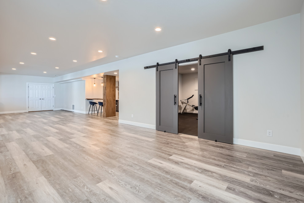 Huge minimalist walk-out basement photo in Denver with gray walls