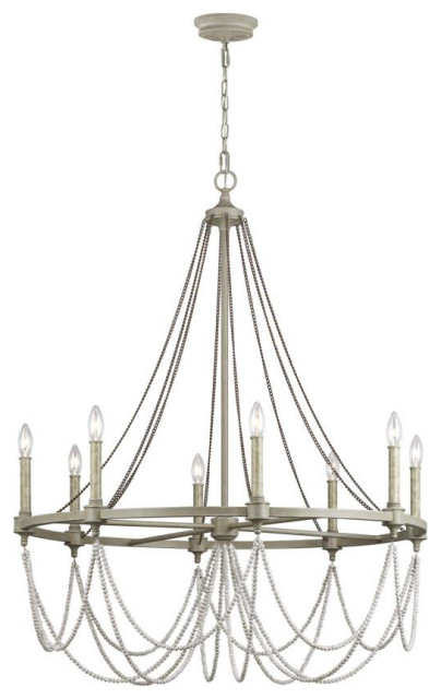 Beverly Chandelier, 8-Light, French Washed Oak, Distressed White Wood, 36"