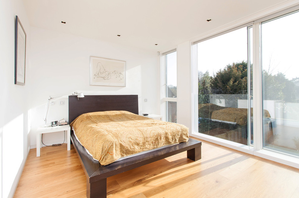 Photo of a contemporary bedroom in Hampshire with white walls and medium hardwood floors.