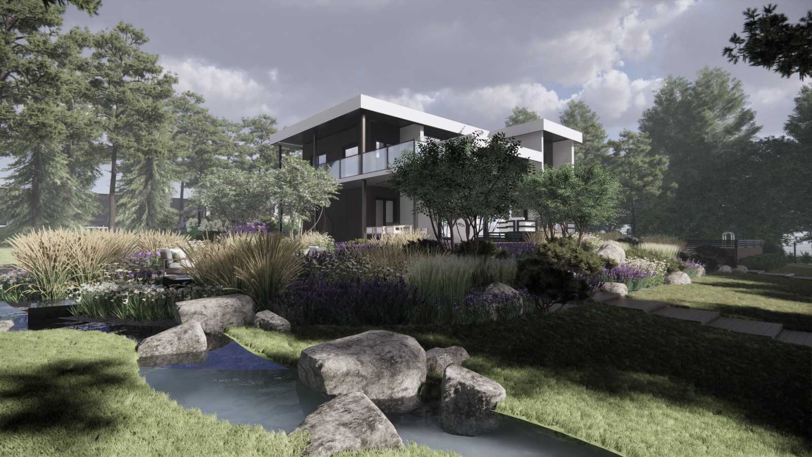 Вид на дом и ручей