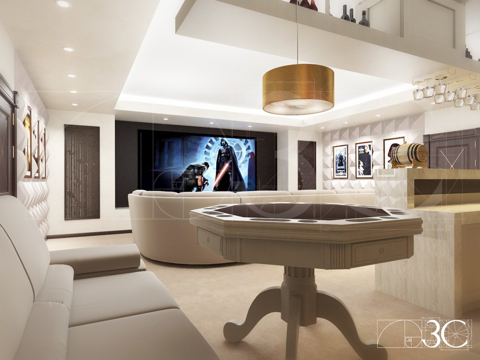 Домашний кинотеатр с баром в светлых тонах