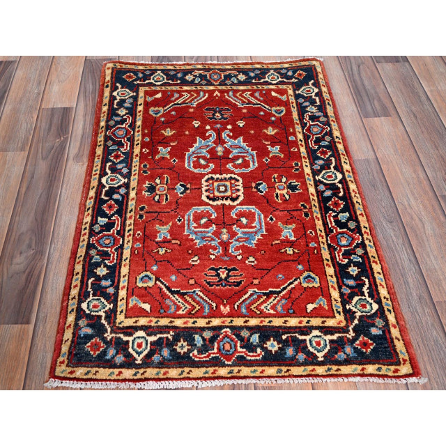 Red and Blue Seeripe Heris Soft Wool Hand Knotted Oriental Mat Rug 2'1" x 2'10"
