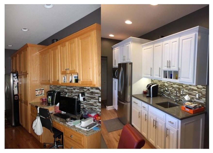 Eat-in kitchen - galley light wood floor eat-in kitchen idea with raised-panel cabinets, white cabinets and an island