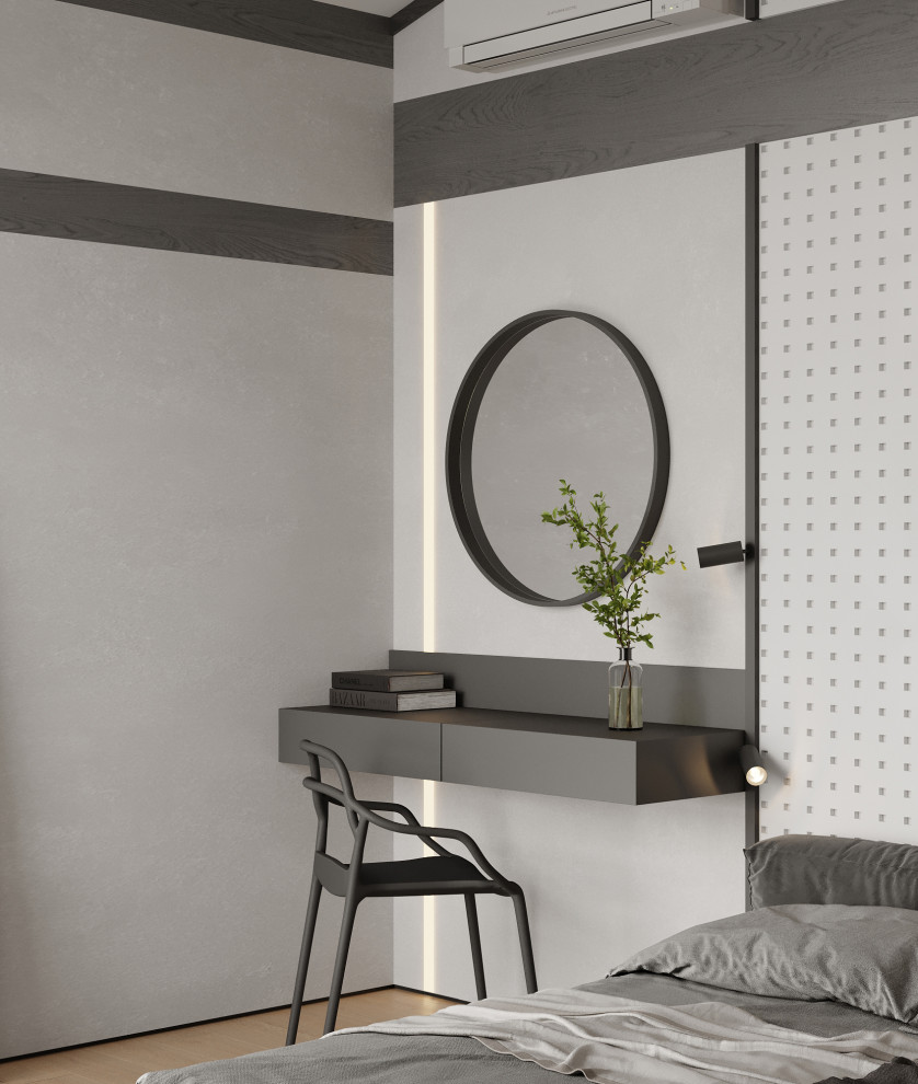Идея дизайна: хозяйская, серо-белая спальня среднего размера: освещение в современном стиле с серыми стенами, полом из ламината, бежевым полом, балками на потолке и обоями на стенах без камина